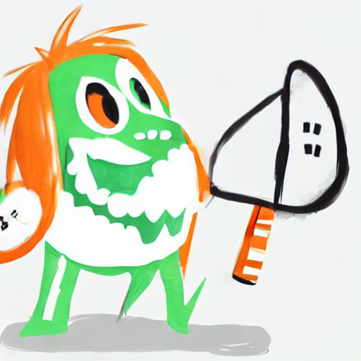 AI image generated of A green and orange drawing of a monster holding a baseball bat.