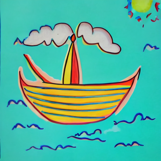 AI image generated of A colorful drawing of a boat with a sun in the background.