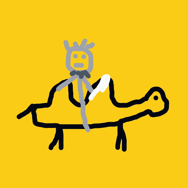 A%20gray%2C%20roughly%20humanoid%20figure%20rides%20on%20the%20back%20of%20a%20simple%20black%20turtle-shaped%20creature%20set%20against%20a%20bright%20yellow%20background.