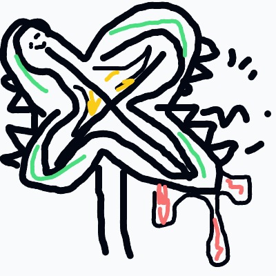 An%20abstract%20figure%20with%20its%20limbs%20crossed%20in%20an%20X%2C%20a%20spiky%20back%2C%20and%20green%2C%20yellow%2C%20and%20red%20accents.