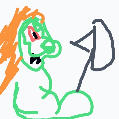 A green and orange drawing of a monster holding a baseball bat.